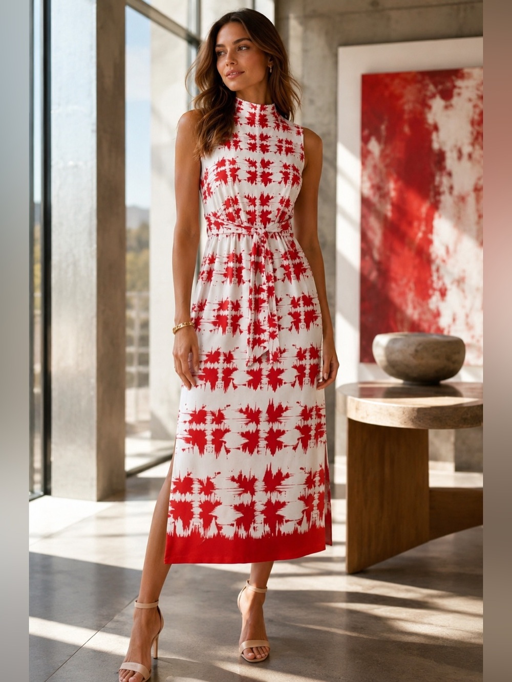 London Times Red White Graphic Art Tie Waist Midi Dress Mock Neck Size 10 NWT